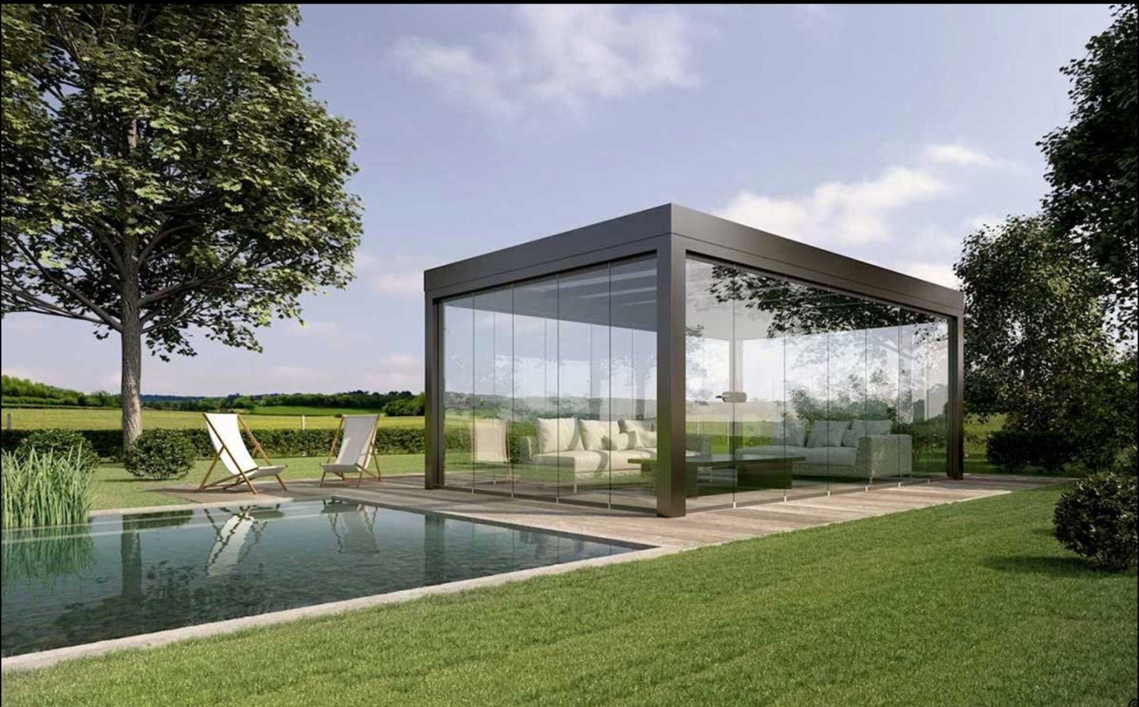 Poolside louvered pergola with glass sides